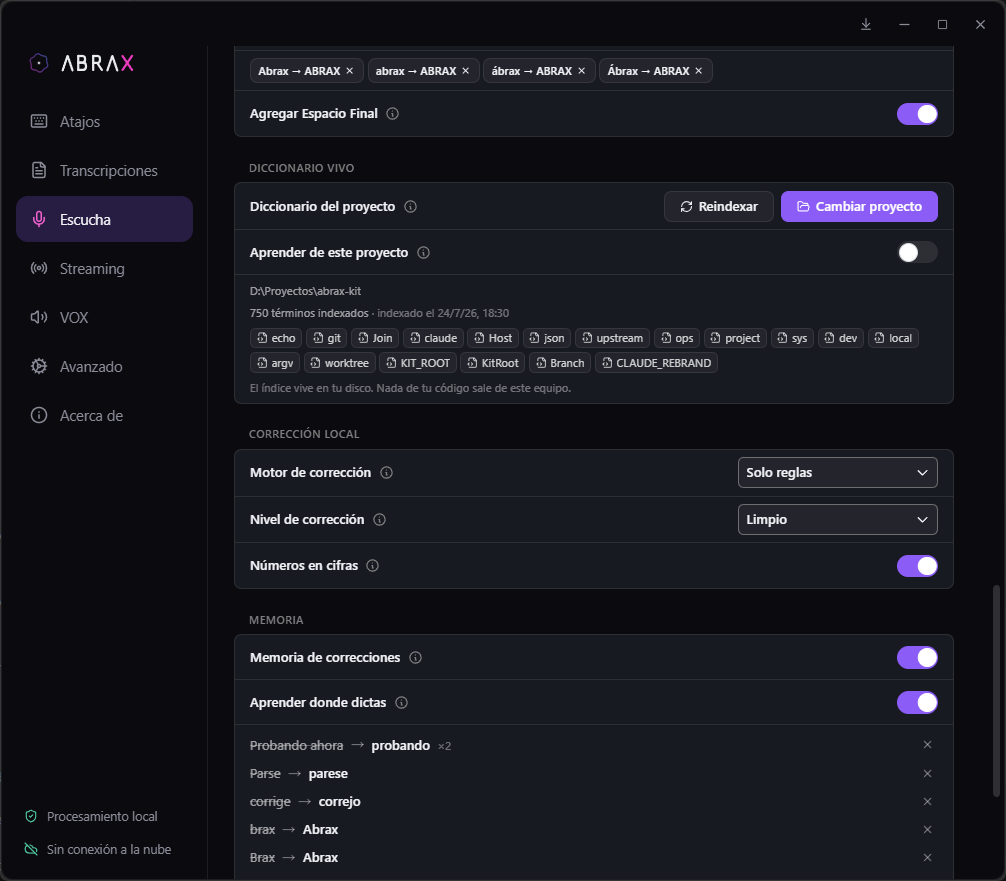 Captura real del Diccionario Vivo en la forma Quiet: 750 términos indexados, reemplazos exactos, corrección local y memoria de correcciones