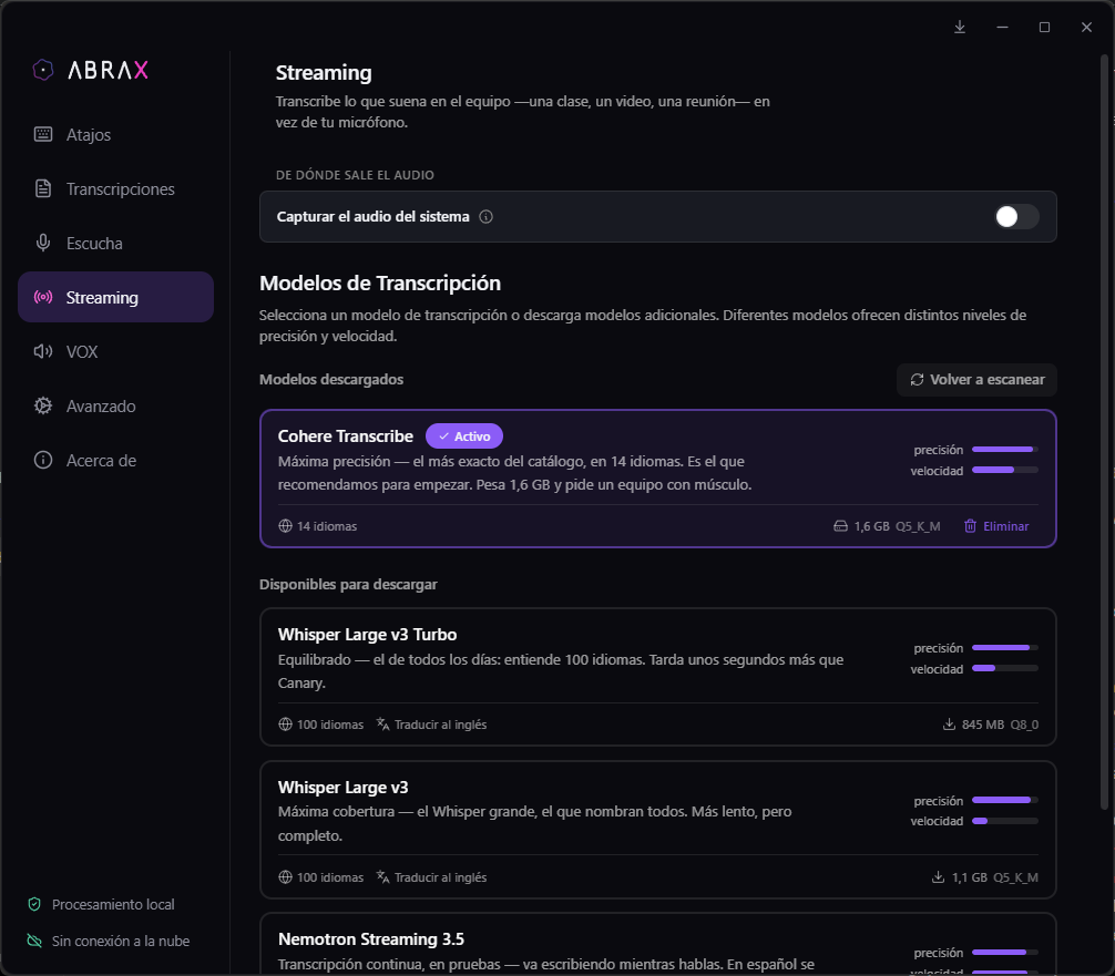 Captura real de Streaming: interruptor de capturar el audio del sistema y el catálogo de modelos con Cohere activo