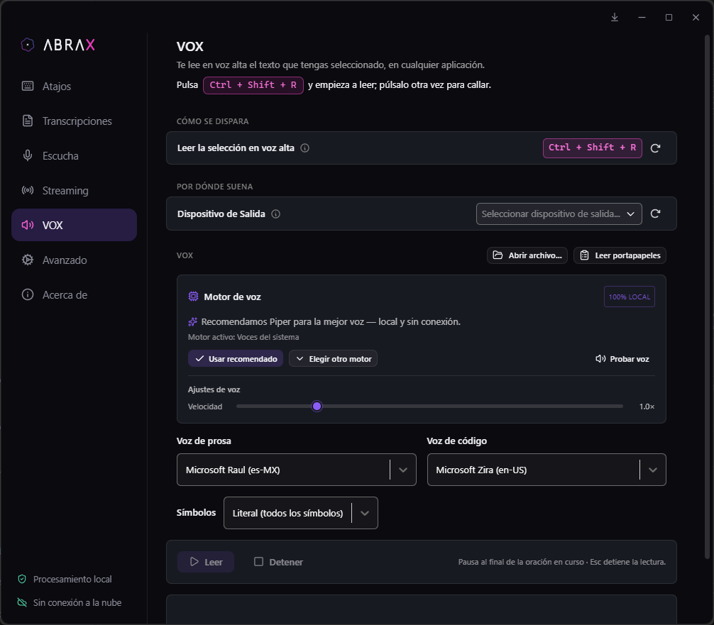 Captura real de VOX en la forma Quiet: atajo, motor de voz 100% local con Piper recomendado, voz de prosa, voz de código y modo de símbolos